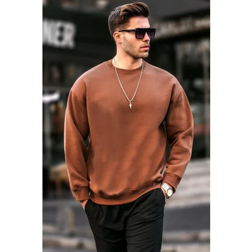 Madmext Brown Crew Neck Oversized Men's Charcoal Basic Sweatshirt 6048
