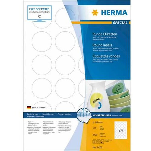 Herma Removable Round Labels 40 100 Sheet DIN A4 2400 pcs. 4476 Slike
