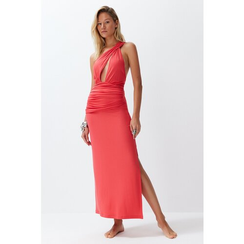 Trendyol Red Fitted Maxi Knitted Cut Out/Window One Shoulder Beach Dress Cene