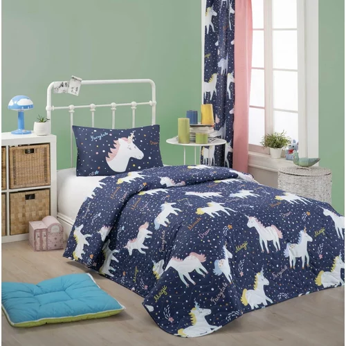 Mijolnir Eponj Home Magic Unicorn Set tamnoplavih pamučnih prekrivača i jastučnica, 160 x 220 cm