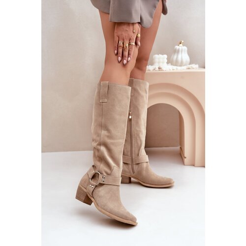 Zazoo Suede Boots With Low Heel With Shaft Below Knee Light Beige Slike
