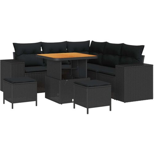  Vrtna garnitura - 8-dijelni set vrtnih sofa s jastučićima Crni Poli Ratan Akacija 3-dijelni set vrtnih stolova s jastučićima Cr Slike