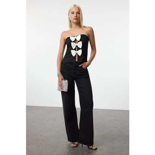 Trendyol Black-White Bow Detailed Strapless Woven Blouse