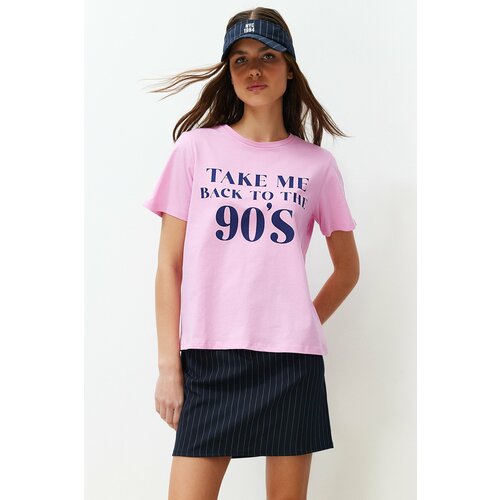 Trendyol Pink Crew Neck Printed Regular/Regular Fit Knitted T-Shirt Slike