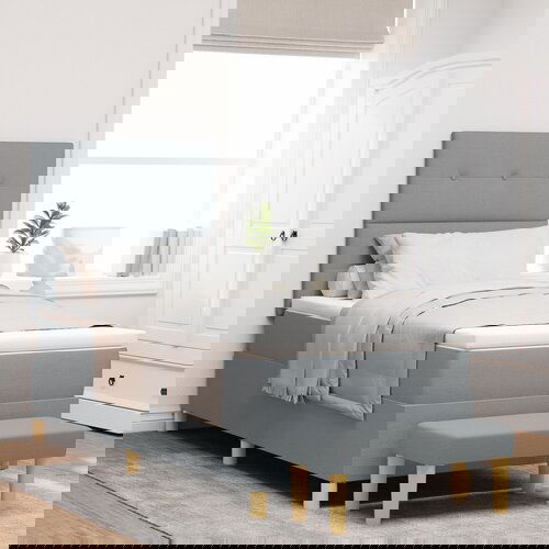 VidaXL Vzmetnična postelja z vzmetnico in klopjo svetlo siva 80x200 cm tkanina Slike