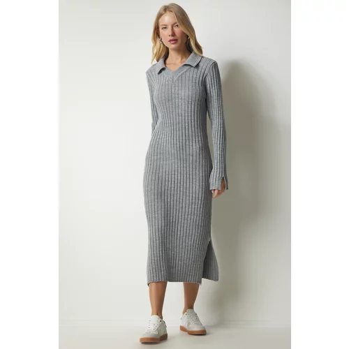 Happiness İstanbul Women's Gray Polo Neck Ribbed Knitwear Dress