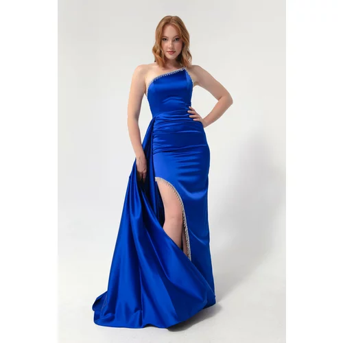 Lafaba Women's Sax One-Shoulder Long Satin Evening Dress with Stones.