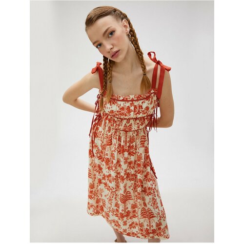 Koton Floral Midi Dress with Straps and Bow Detail Pleated Tie Viscose Cene