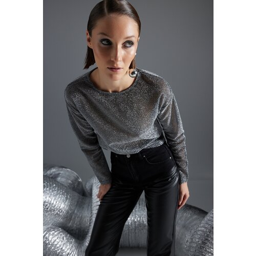 Trendyol Black Lurex Crew Neck Regular/Regular Fit Sheer Tulle Knitted Blouse Cene