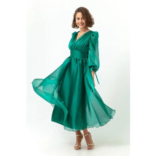 Lafaba Women's Emerald Green Balloon Sleeve V-neck Midi Evening Dress.