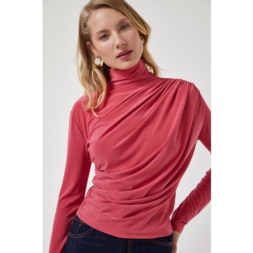  Women's Candy Pink Gathered Detailed High Neck Sandy Blouse Cijene