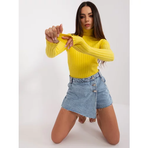 Fashion Hunters Yellow women's ribbed sweater with turtleneck
