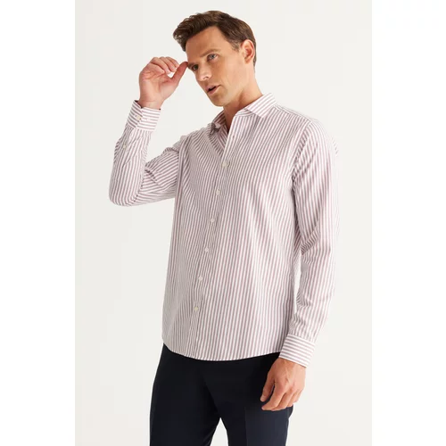 Altinyildiz classics Men's White-Burgundy Slim Fit Slim Fit Classic Collar Cotton Striped Shirt