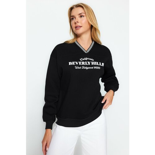 Trendyol Black Oversize/Wide Fit Knitwear Detailed with a tagline, Fleece Inside Knitted Sweatshirt Slike
