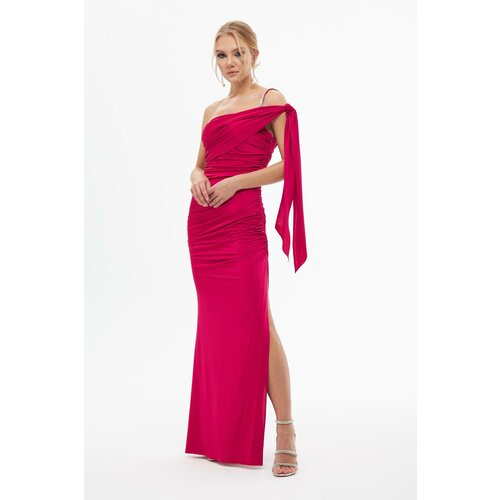 Carmen Fuchsia Sandy One Sleeve Slit Long Evening Dress Slike