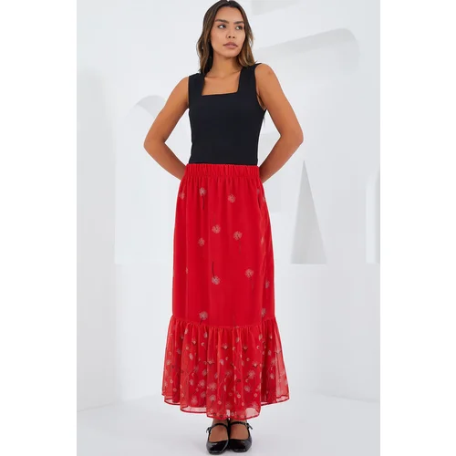 Bigdart Women's Red Patterned Chiffon Skirt 8010