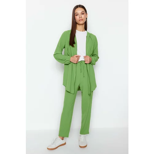 Trendyol Green Hooded Zippered Cardigan-Trousers Woven Bottom-Top Set