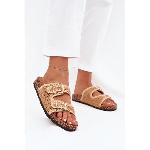 Boto Crocheted Women&amp;#039;s Slippers With Golden Buckles Camel Fenira Slike