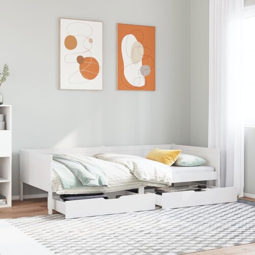VidaXL Dnevna postelja s predali bela 90x190cm trdna borovina Slike