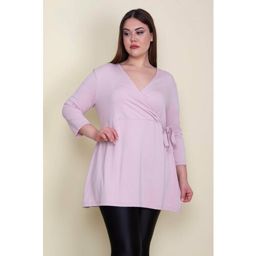 Şans Women's Plus Size Pink Wrapover Collar Tunic with Ornaments Tied Sides Slike