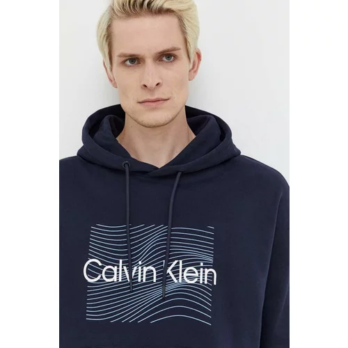 Calvin Klein Bombažen pulover moška, mornarsko modra barva, s kapuco