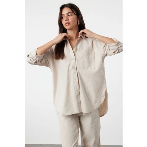 Trendyol Beige Linen Blend Oversize Striped Shirt