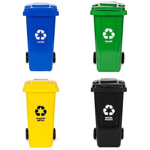  Set od 4 kante za otpad, 4 &amp;times; 120 L, plava, zelena, žuta i crna, za papir, staklo, plastiku i mije&amp;scaron;ani otpad, s gumenim kotačima Slike