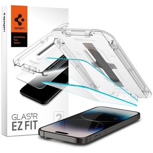 Spigen iPhone 14 Pro Max kaljeno steklo 2-paket z montažnim okvirjem, trdota 9H 2,5D poševni robovi, Ez Fit - prozoren, (20639161) Cene