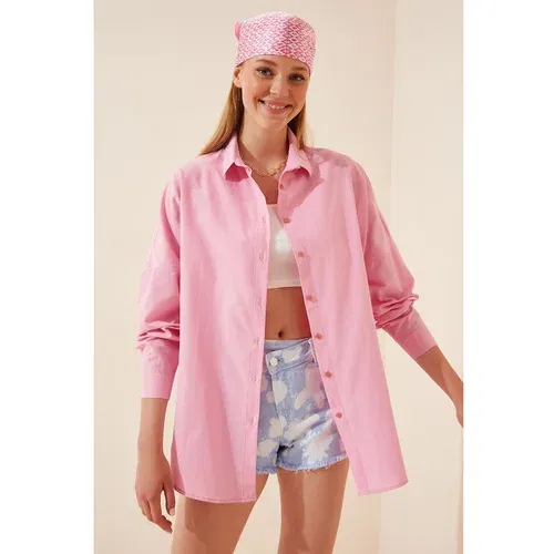 Happiness İstanbul Women's Pink Oversize Long Basic Shirt