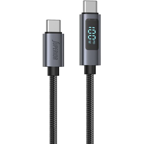 Superior Pleteni USB data kabal SU-K107 Type-C na Type-C 5A 100W sa LED ekranom 1m, Crni Cene