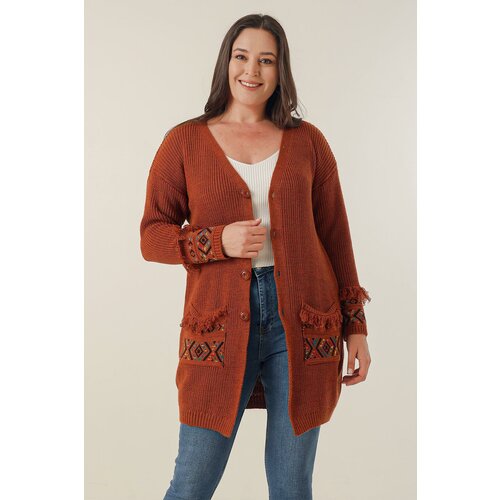 By Saygı Button-up Front, Tassels Patterned Plus Size Cardigan with Pockets And At The Ends Of The Sleeves. Slike