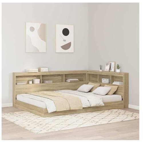 VidaXL kotna postelja s knjižno omaro, konstruiran les, sonoma hrast, 157,5&amp;times;217,5&amp;times;76,5 cm Slike