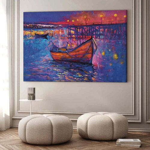  XXL slika - Modern impressionism - night landscape of a lake with a floating boat 200x133 Slike