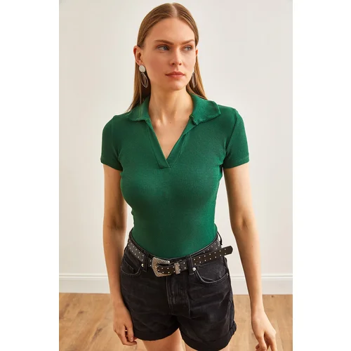 Olalook Women's Emerald Green Polo Collar Knitted Blouse