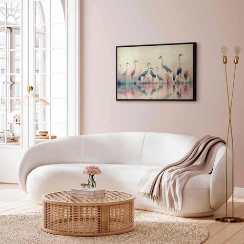  Slika - Birds by the lake - herons painted in watercolour in delicate grey and pink colours 90x60 U crnom drvenom okviru Slike