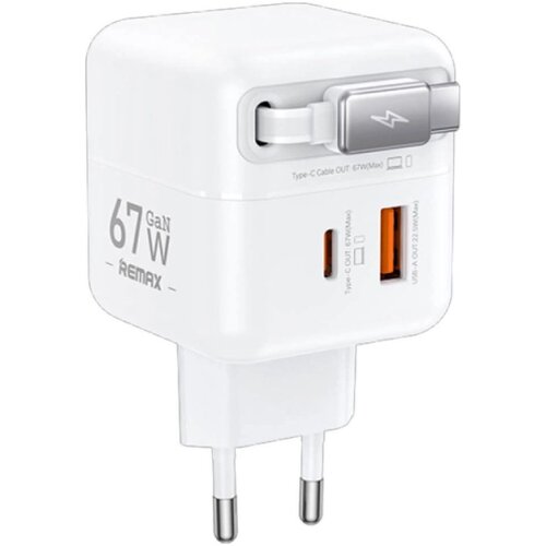 Remax Strujni Fast teleskopski punjac Dolly GAN (1x USB Tip-A 3.0 +1x USB Tip-C) 67W, sa integrisanim USB Tip-C kablom 0.5m, beli Slike