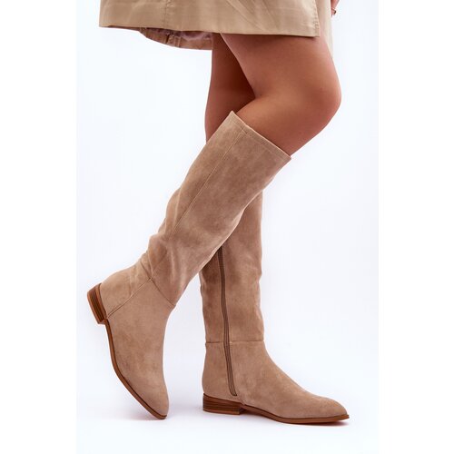 Kesi Leather Flat-heeled Boots beige Eelin Slike