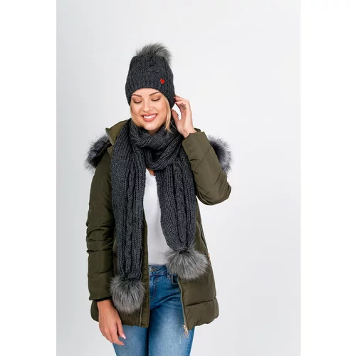 Kesi Women's winter set hat + scarf with pompoms - dark gray,
