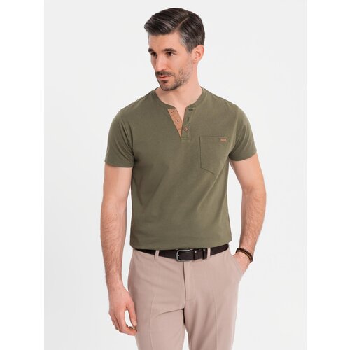 Ombre Men's T-shirt with button neckline and suede trim - dark olive Cene