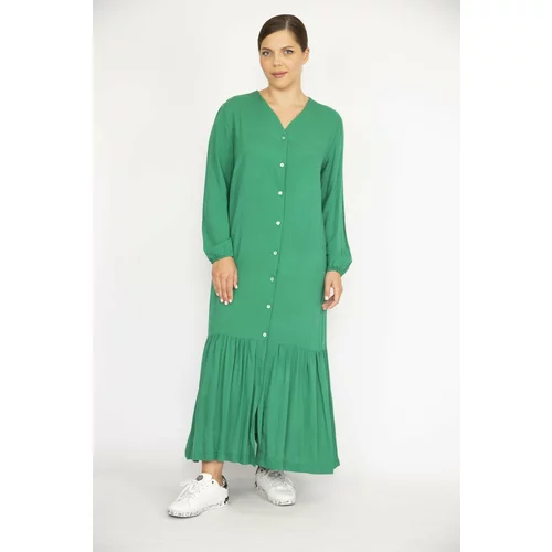 Şans Women's Green Plus Size Woven Viscose Fabric Front Length Buttoned Long Sleeve Dress