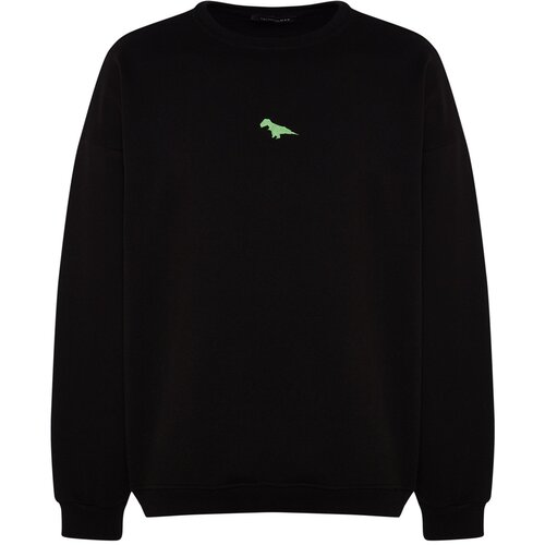 Trendyol Black Men's Men's Oversize Crew Neck Soft Pile Dinosaur Embroidery Sweatshirt. Slike