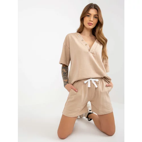 Fashion Hunters Beige summer tracksuit with button-down blouse