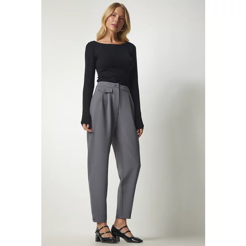 Happiness İstanbul Women's Gray Elegant Woven Pants with Buttons
