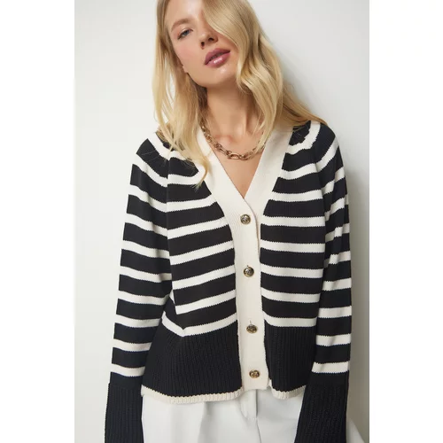 Happiness İstanbul Women's Black Metal Button Detailed Striped Knitwear Cardigan