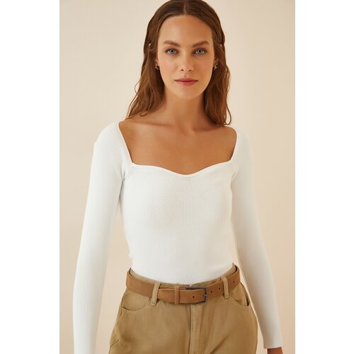  Women's White Heart Collar Corduroy Knitwear Sweater Cene