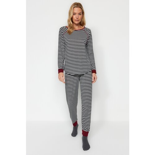 Trendyol Anthracite Multicolored Striped Cotton Tshirt-Jogger Knitted Pajamas Set Slike
