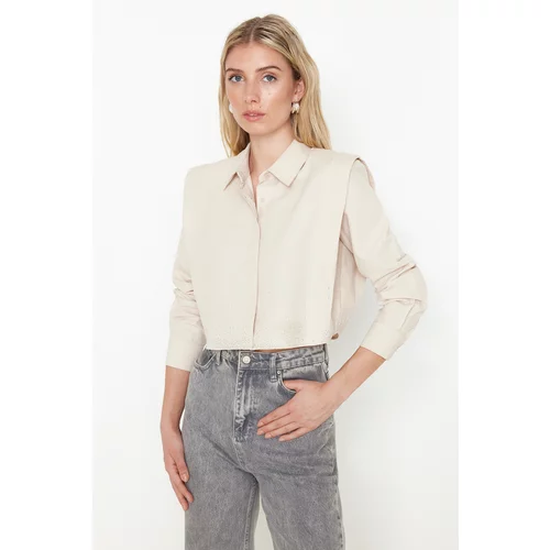 Trendyol Beige Crop Woven Shirt with Wadding Sleeves and Stones