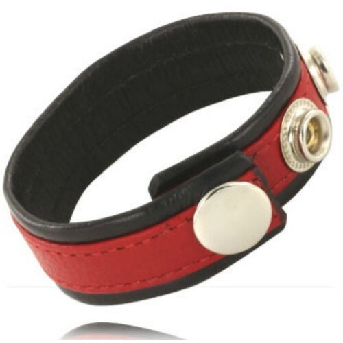 LEATHER BODY COCK AND BALL STRAP WITH SNAPS - BLACK AND RED Slike