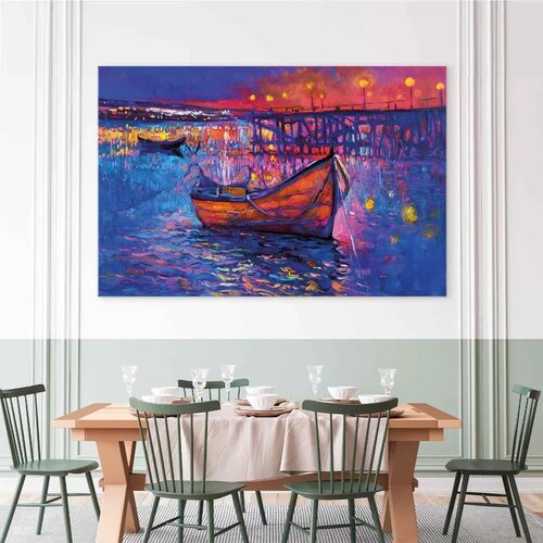  XXL slika - Modern impressionism - night landscape of a lake with a floating boat 130x87 Slike