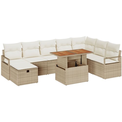 VidaXL 9-dijelni vrtni sofa set s jastučićima bež poli ratan, 2-sjedalni vrtni sofa s jastučićima bež poli ratan Slike